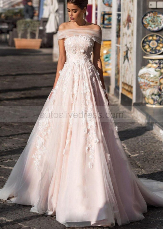 Off Shoulder Blush Pink Lace Tulle Princess Wedding Dress